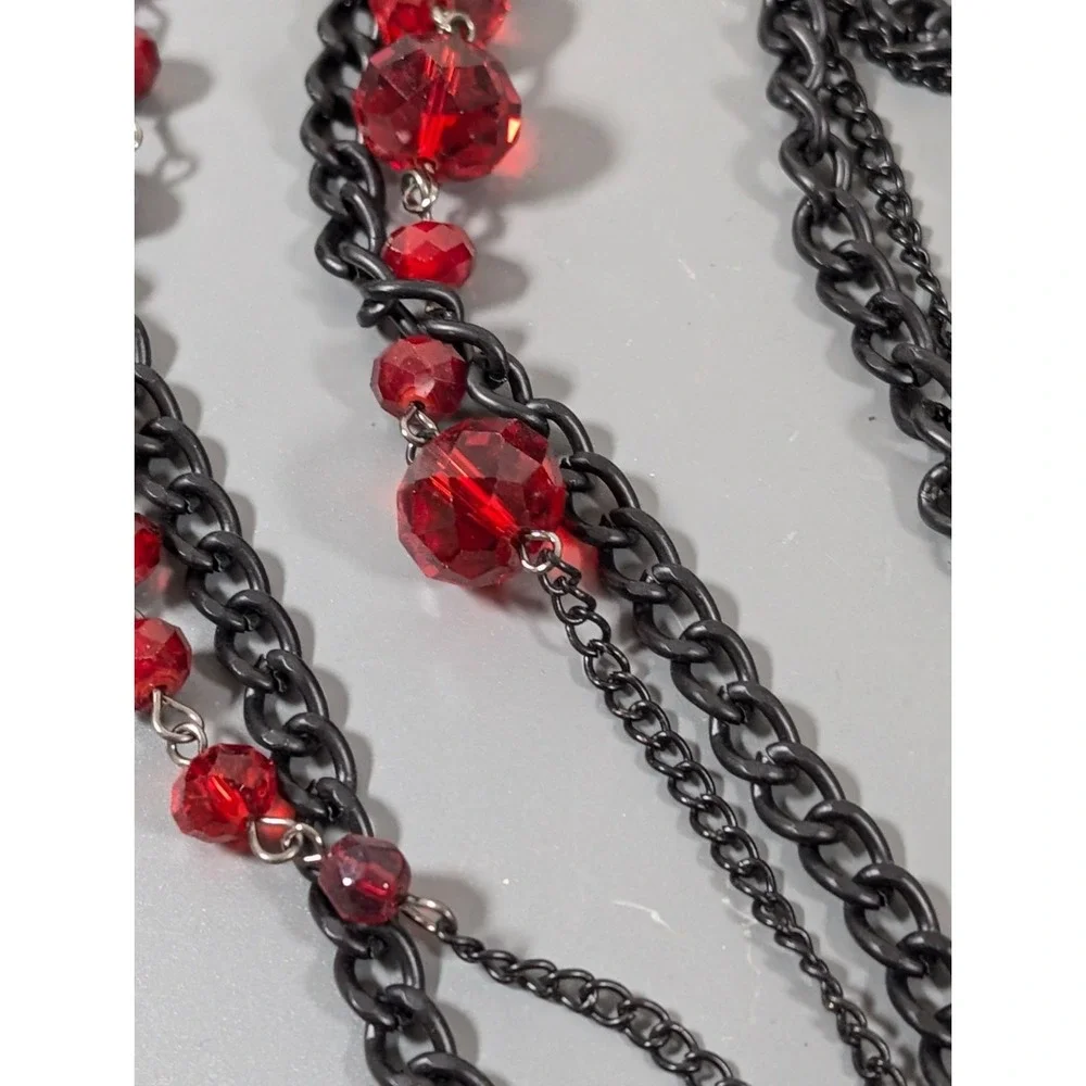 Black Metallic‎ Double Chain Long Layer Red Glass Bead Necklace Gothic 40